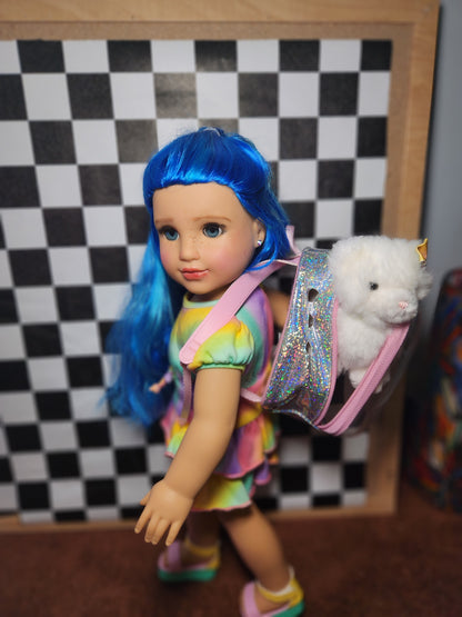 American girl Doll Custom OOAK #90 with cat in backpack